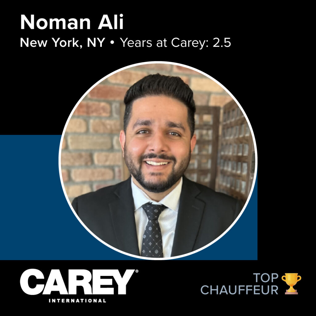 Carey UK professional chauffeur service promotional card showcasing luxury transportation services and driver expertise.