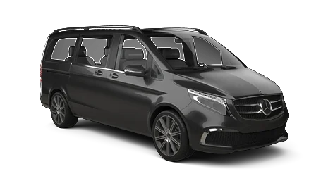 A black Mercedes-Benz is displayed in a front-side view, showing its spacious cabin with multiple seats, large windows, and sleek styling on a plain white background.
